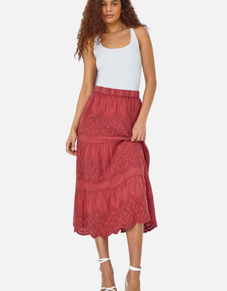 Broderie Elastic Waist A Line Tiered Midi Skirt