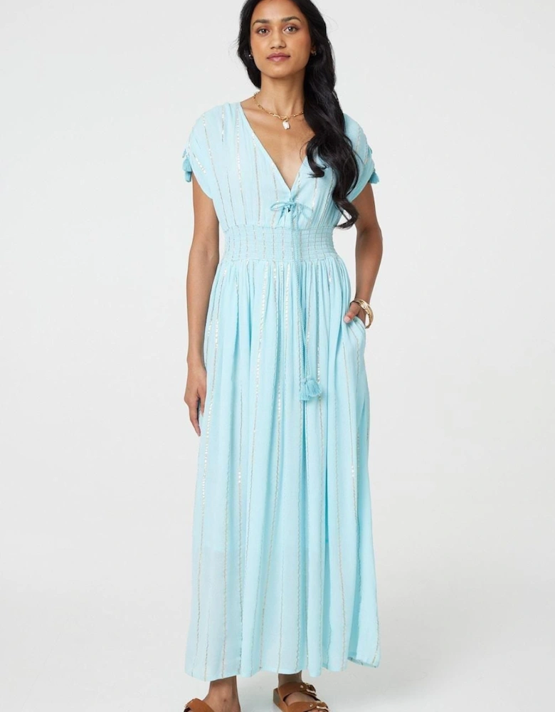 Blue Striped Cap Sleeve Empire Maxi Dress