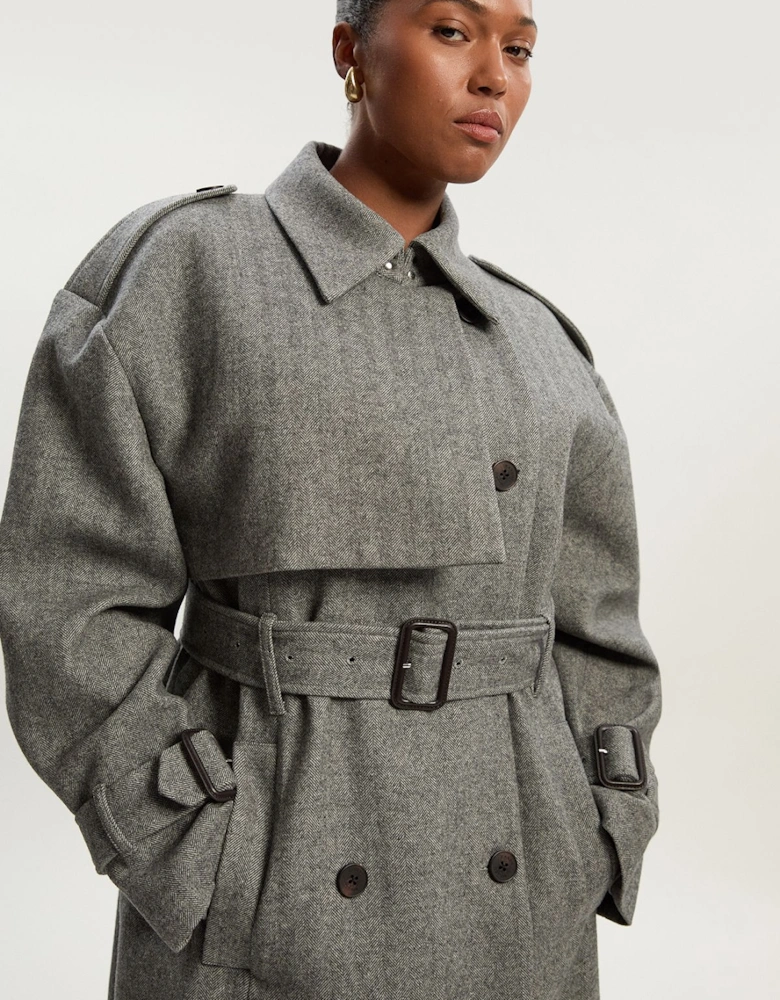Plus Size Herringbone Wool Belted Trench Tailored Maxi Coat