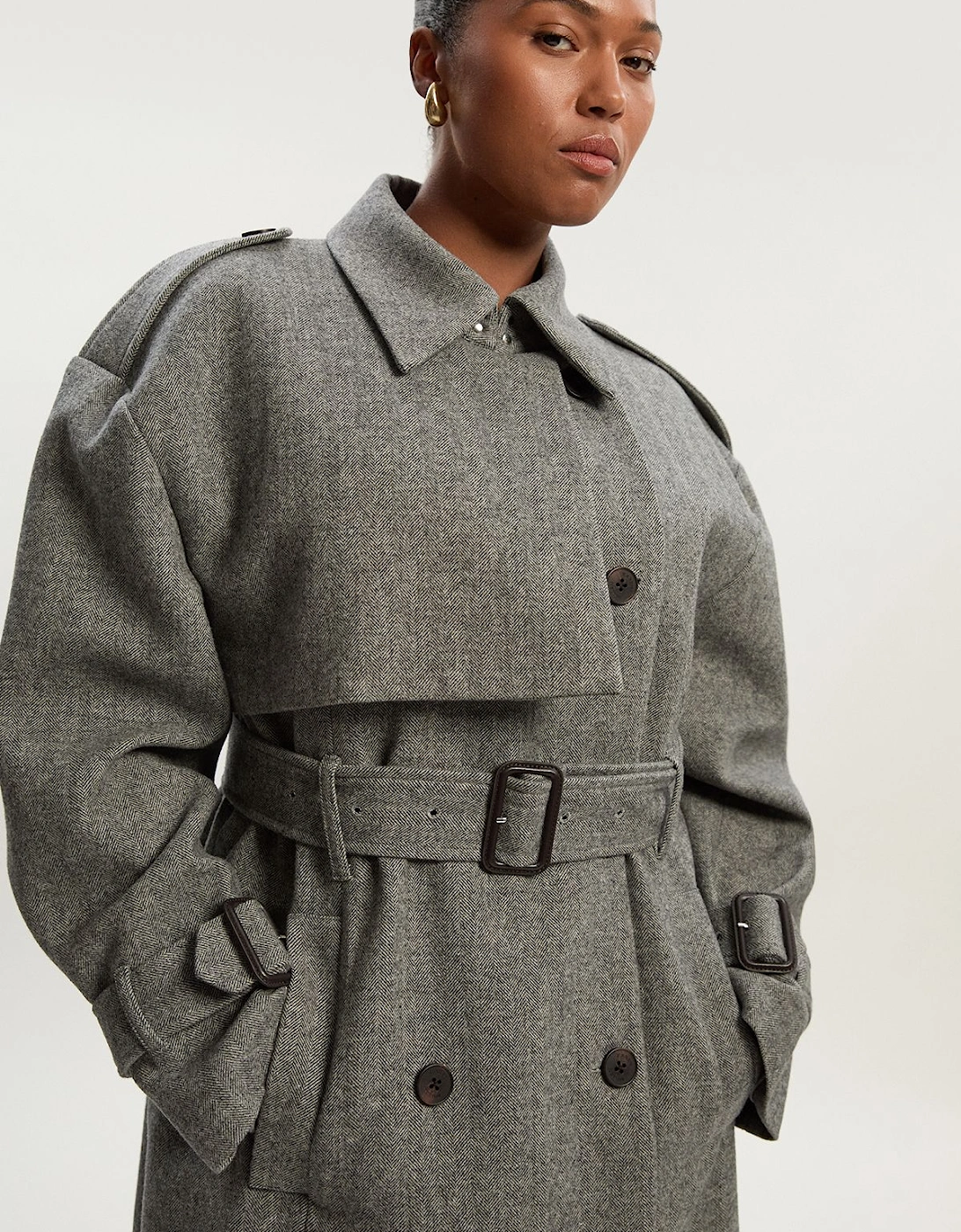 Plus Size Herringbone Wool Belted Trench Tailored Maxi Coat, 2 of 1