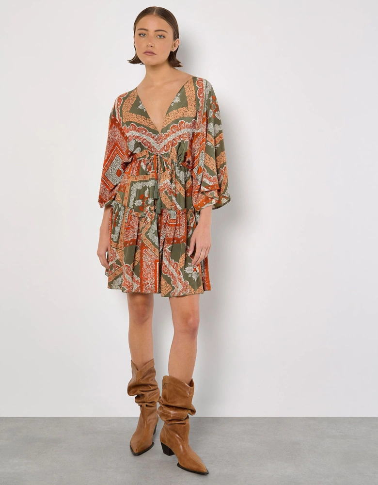 Satin Scarf Print Kaftan Mini Dress
