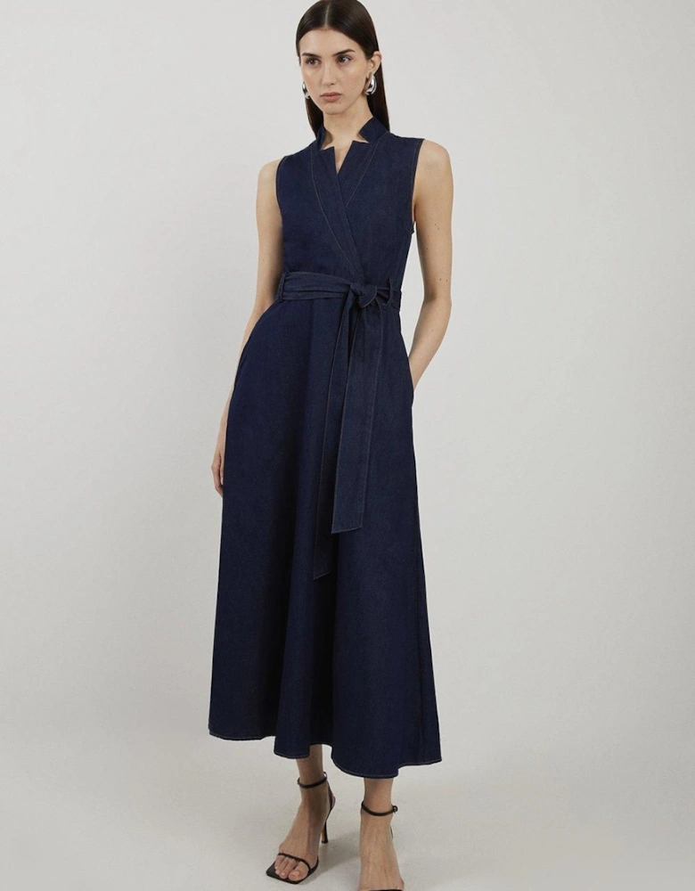 Denim Tailored Notch Neck Belted Fluid Midi Dress