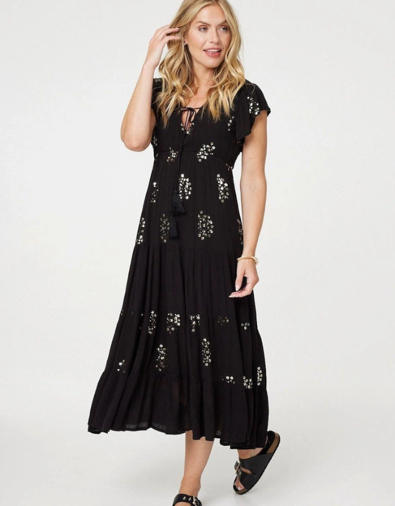 Sequin Detail Tie Neck Relaxed Maxi Dress