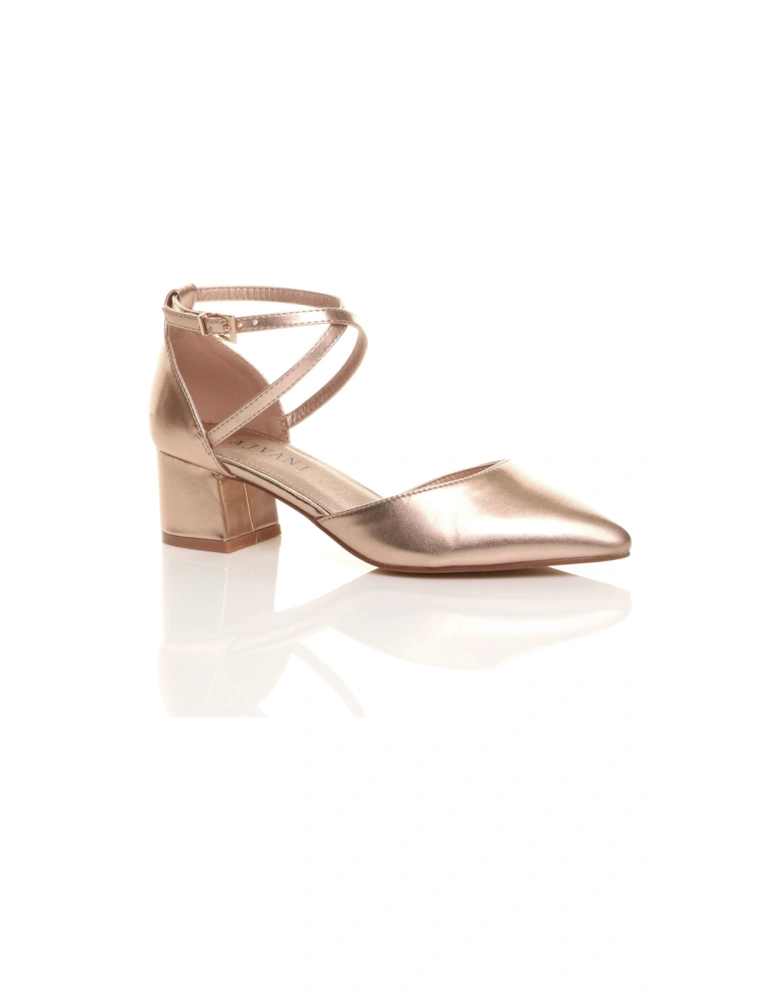Mid Block Heel Crossed Strap Pointed Toe Faux Leather 2 Part Heels