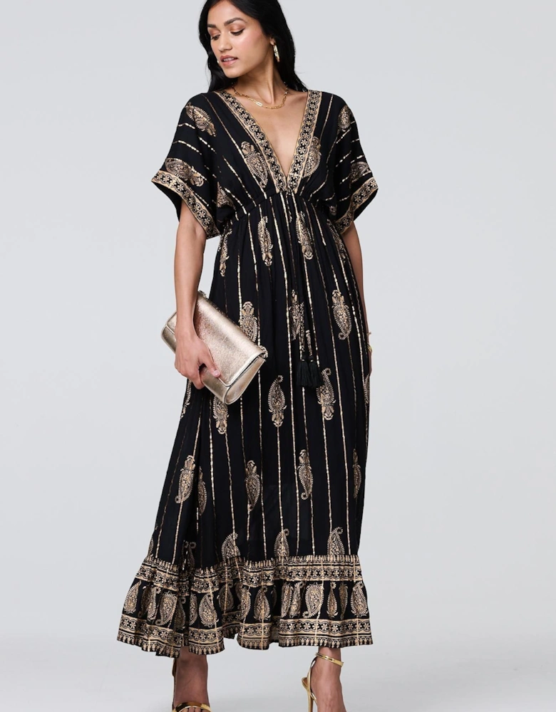 Metallic Print V-Neck Kimono Maxi Dress