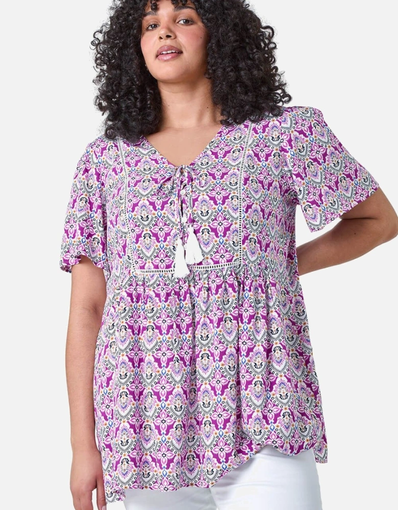 Curve Tie Front V-Neck Boho Printed Top