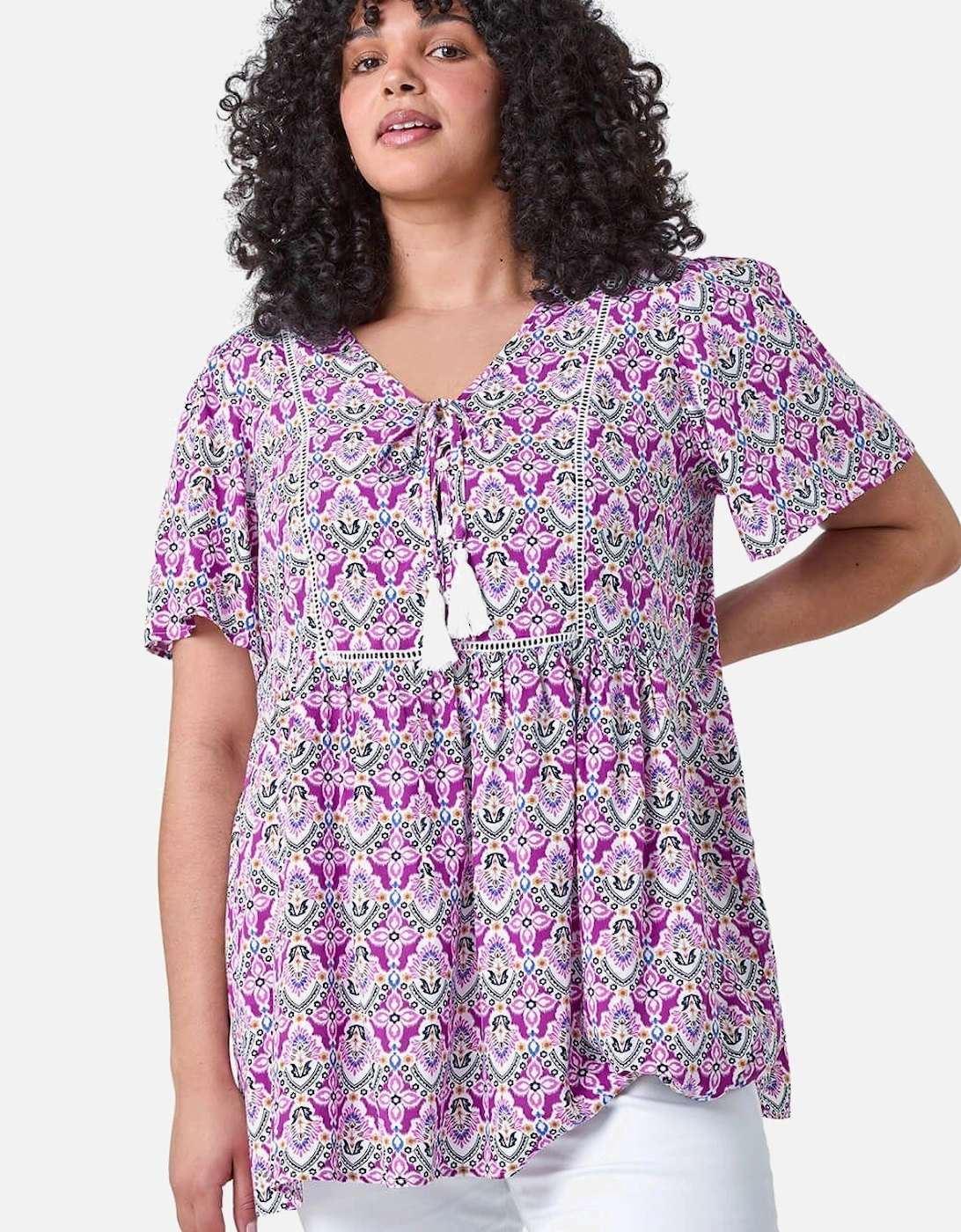 Curve Tie Front V-Neck Boho Printed Top, 2 of 1