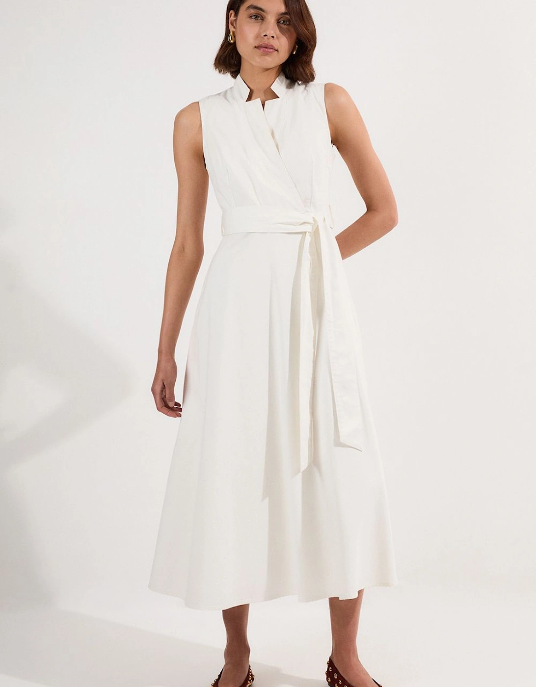 Denim Tailored Notch Neck Belted Fluid Midi Dress, 2 of 1