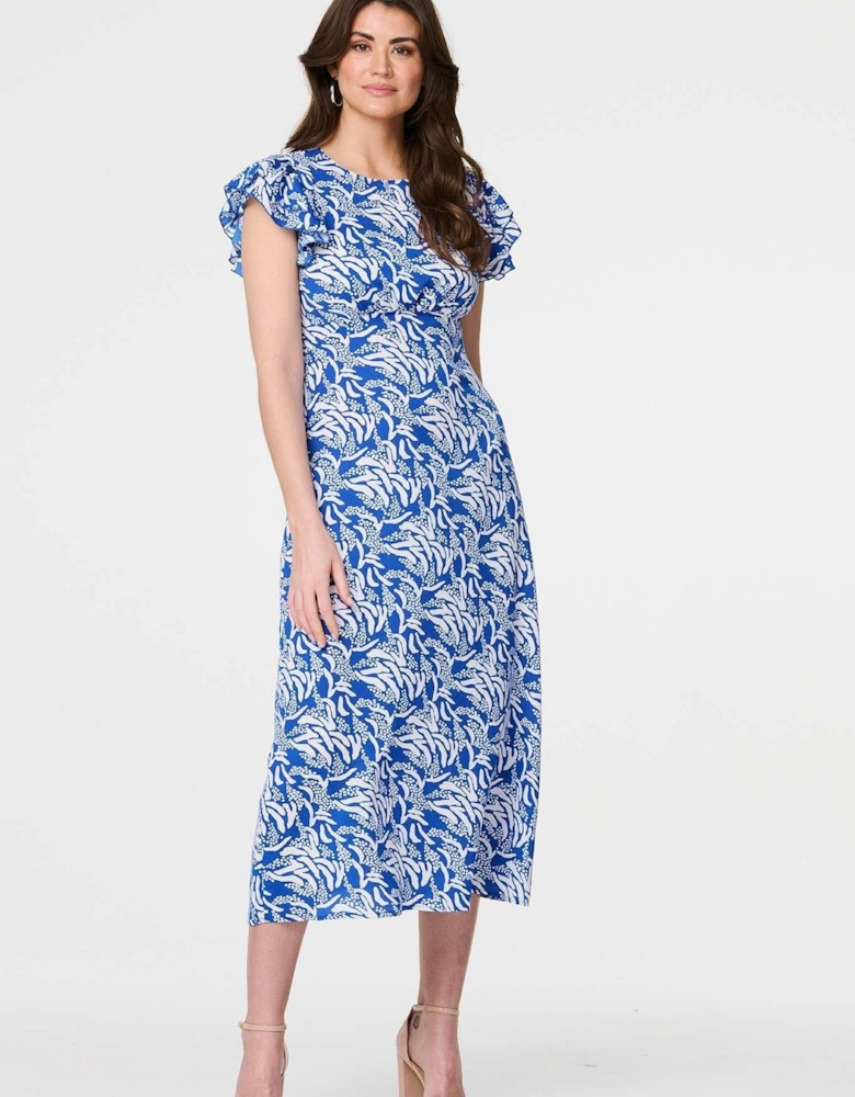 Printed Frill Cap Sleeve Midi Dress