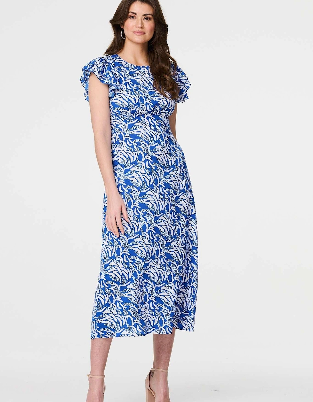 Printed Frill Cap Sleeve Midi Dress, 2 of 1