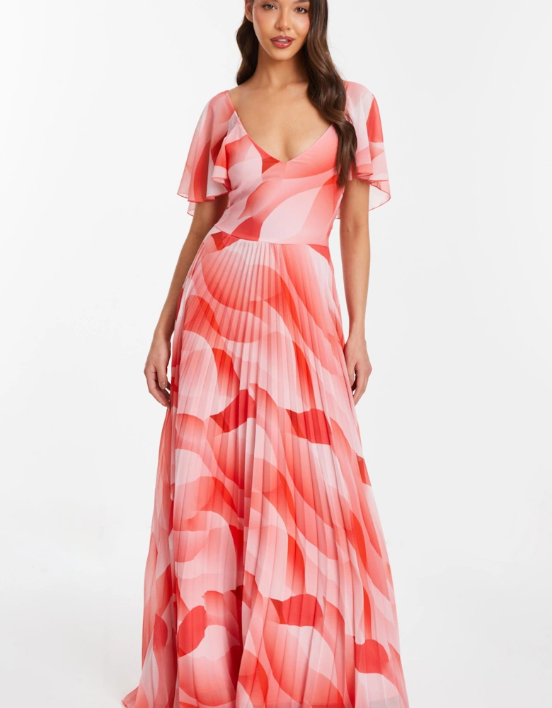 Coral Chiffon Pleated Maxi Dress
