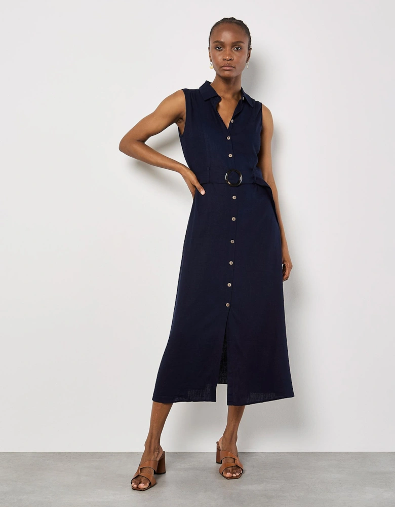 Linen Blend Shirt Midi Dress