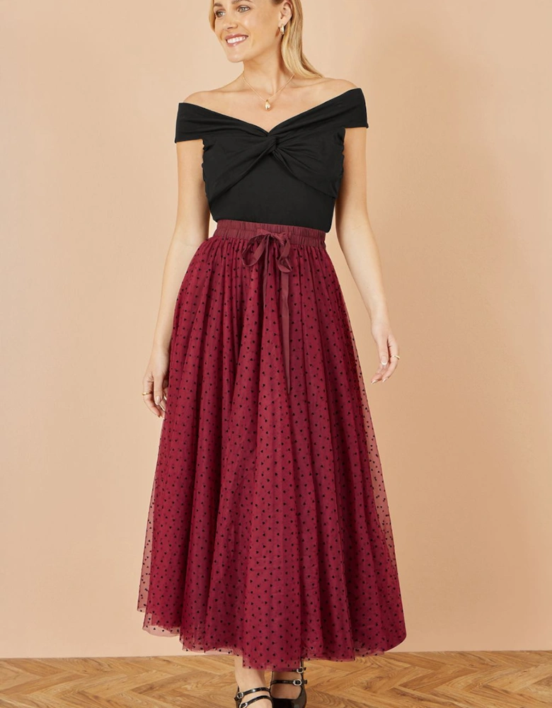 Burgundy Mesh Heart Print Tulle Skirt