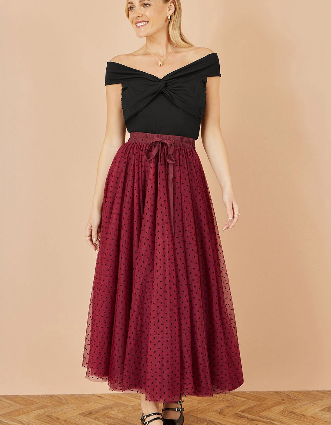 Burgundy Mesh Heart Print Tulle Skirt, 2 of 1
