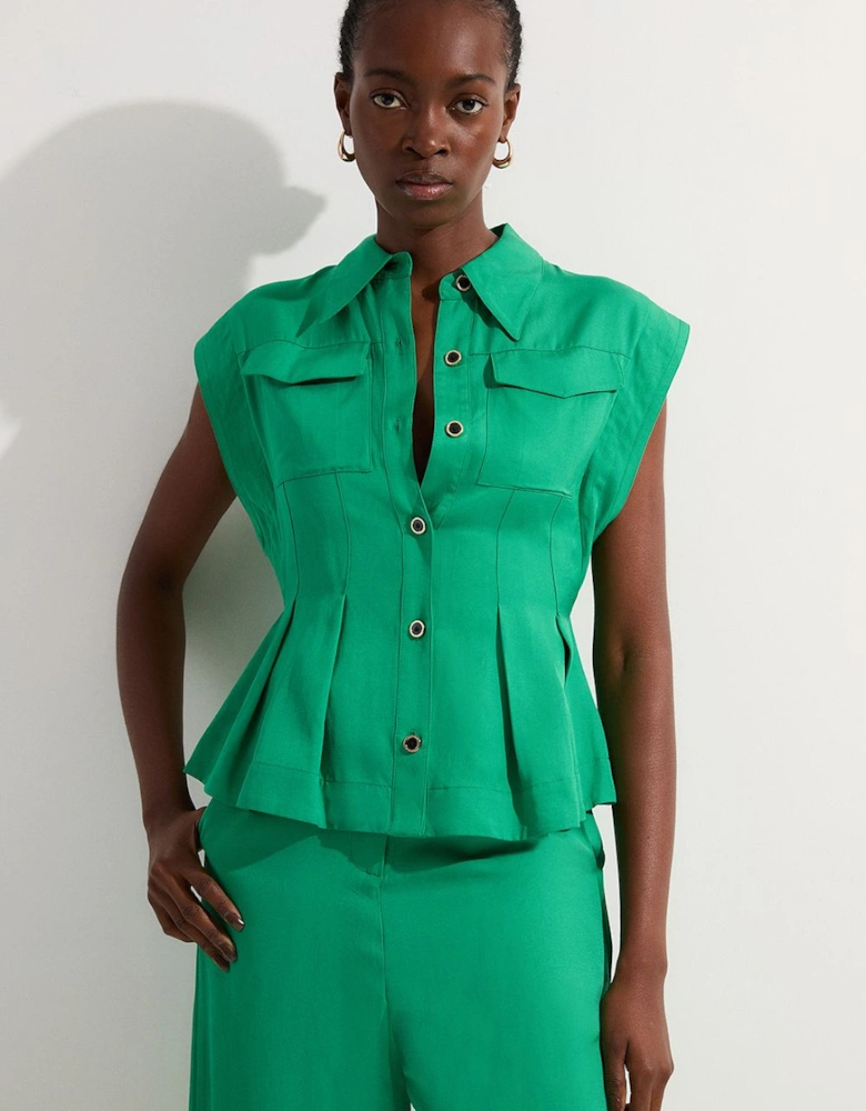 Premium Viscose Linen Topstitch Woven Blouse With Waist Seam Detail