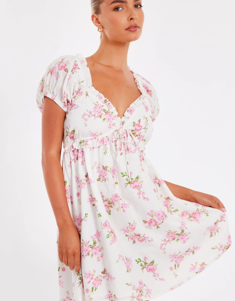 Pink Floral Puff Sleeve Mini Dress