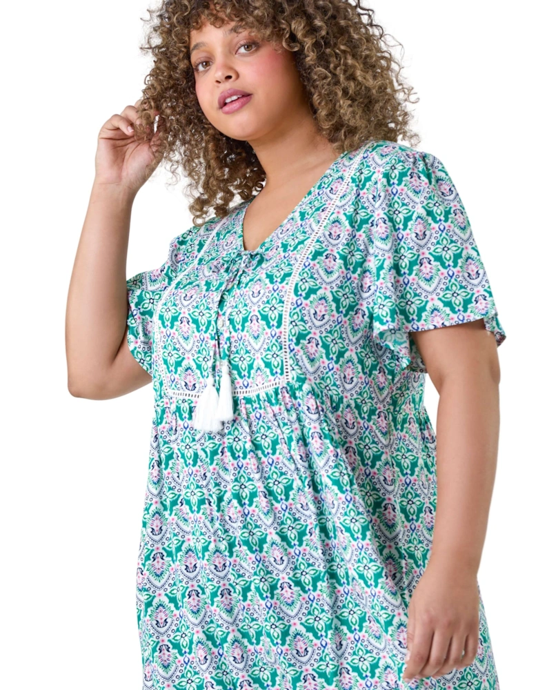 Curve Tie Front V-Neck Boho Printed Top