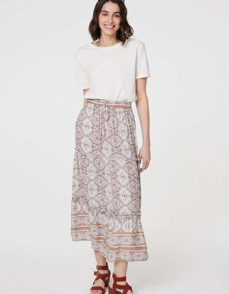 Printed Drawstring Waist Maxi Skirt
