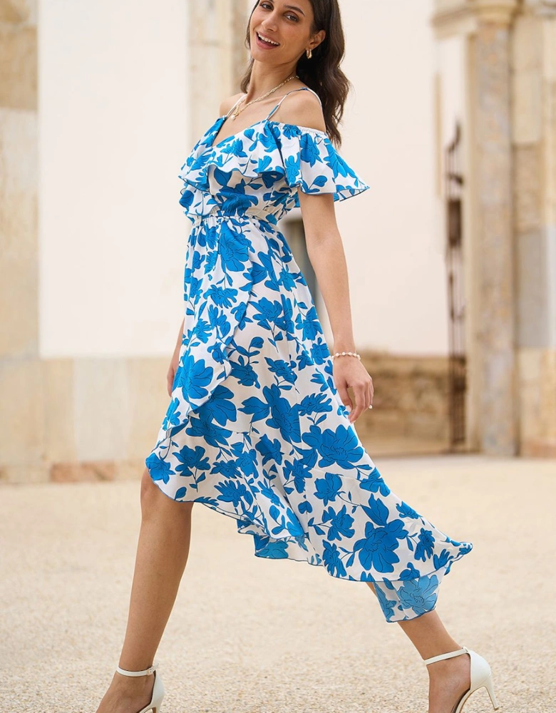 Blue Floral Print Bardot Midi Dress With Dip Hem