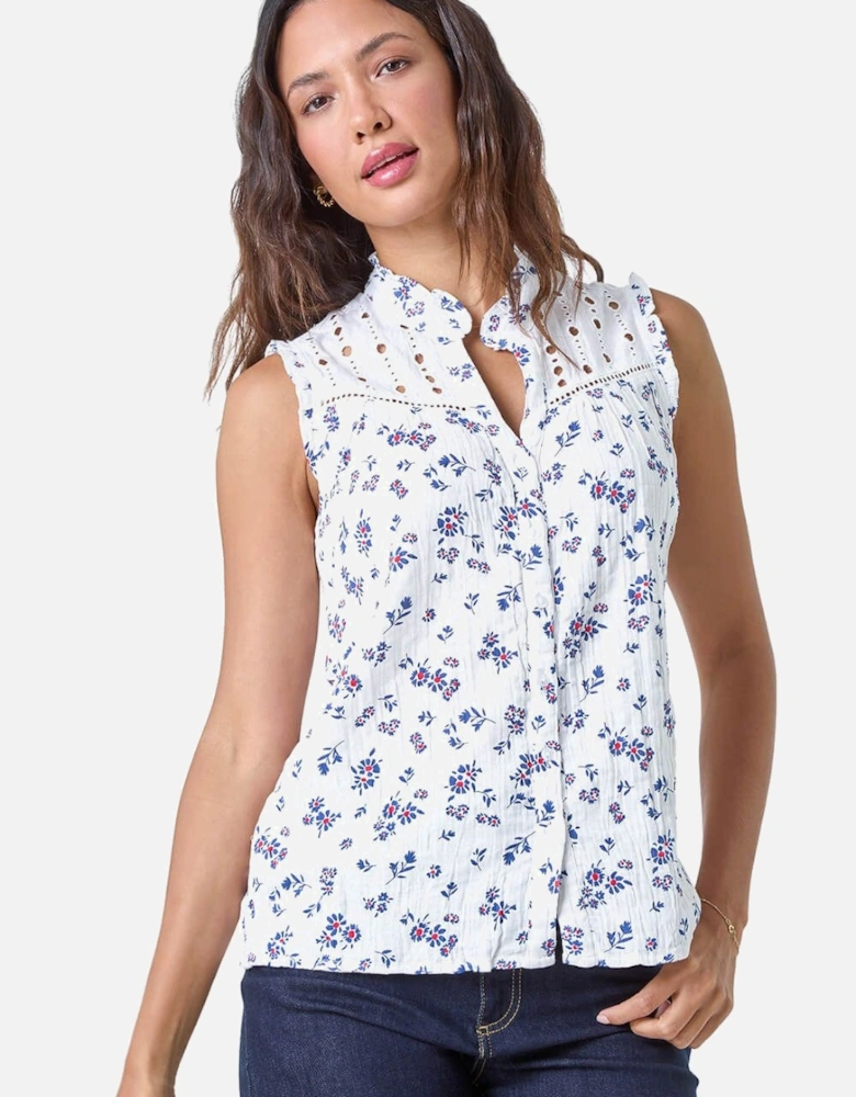 Cotton Embroidered  V-Neck Floral Blouse