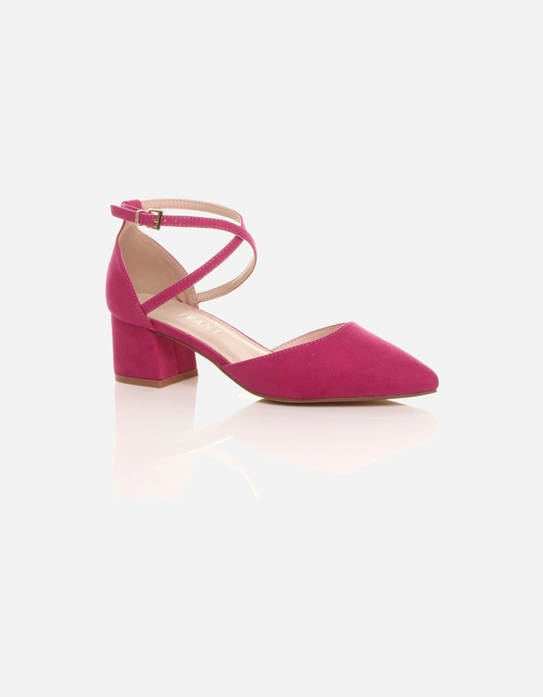 Mid Block Heel Crossed Strap Pointed Toe Faux Suede 2 Part Heels