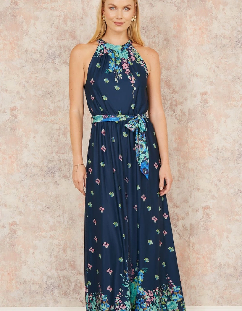 Navy Mirror Floral Print Maxi Halter neck Dress