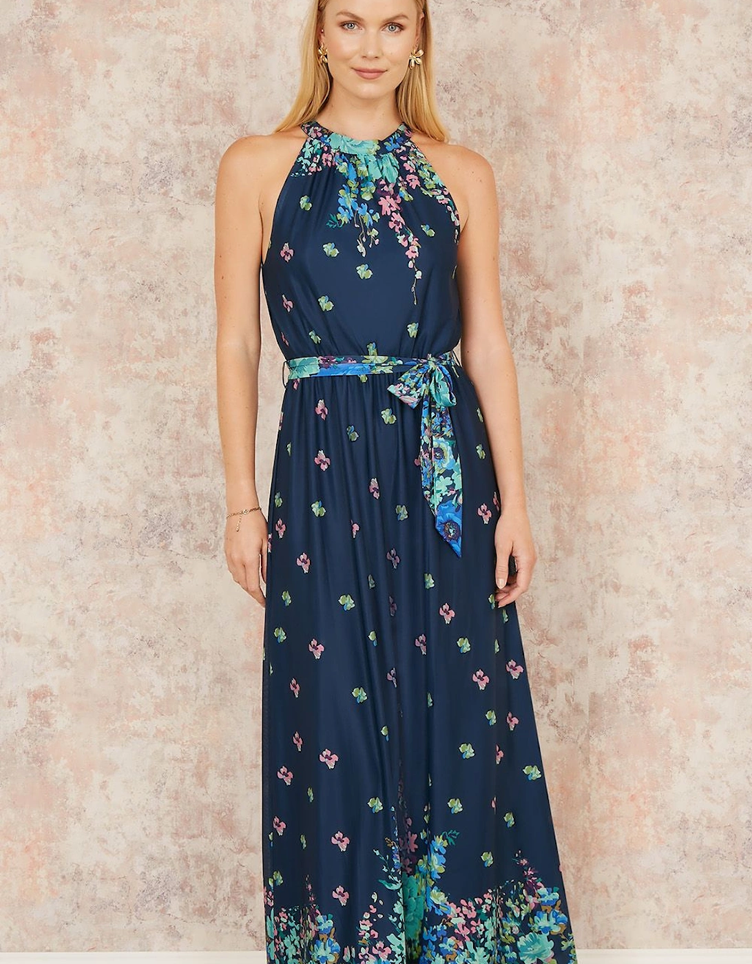Navy Mirror Floral Print Maxi Halter neck Dress, 2 of 1