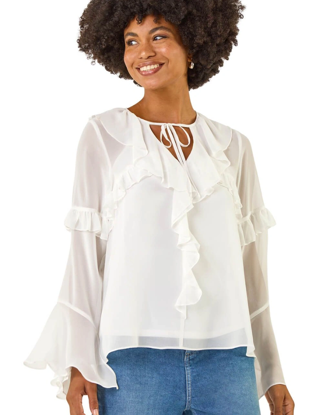 Chiffon Tie Neck Ruffle Tunic Top, 2 of 1