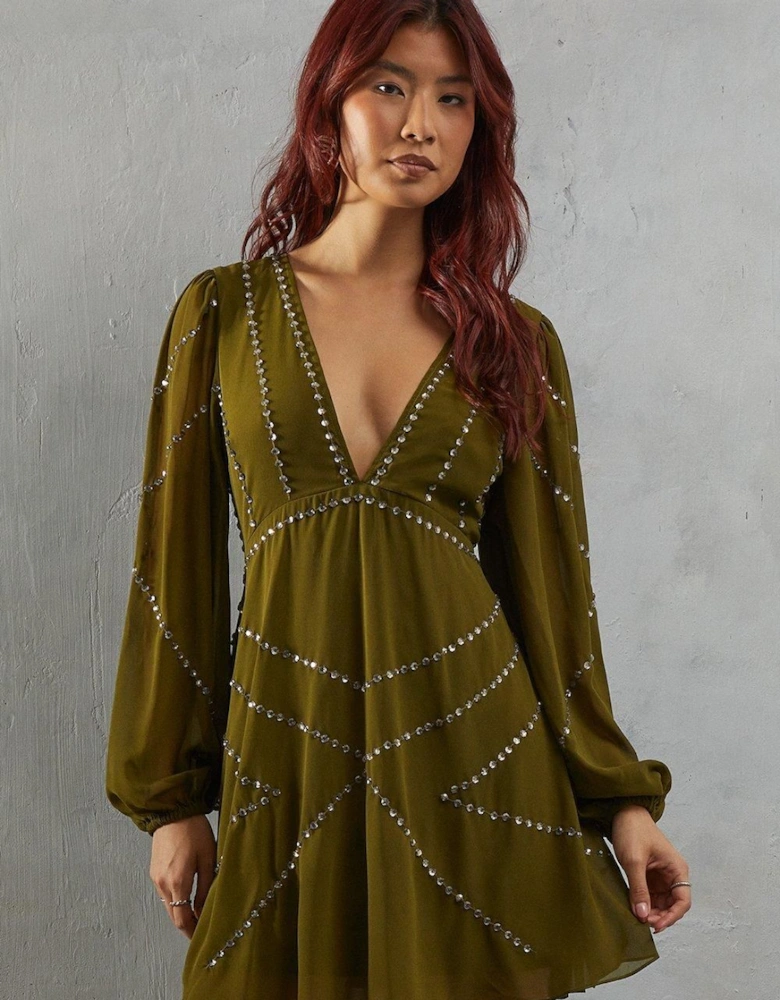 Premium Chiffon Embellished Sequin Plunge Neck Mini Dress