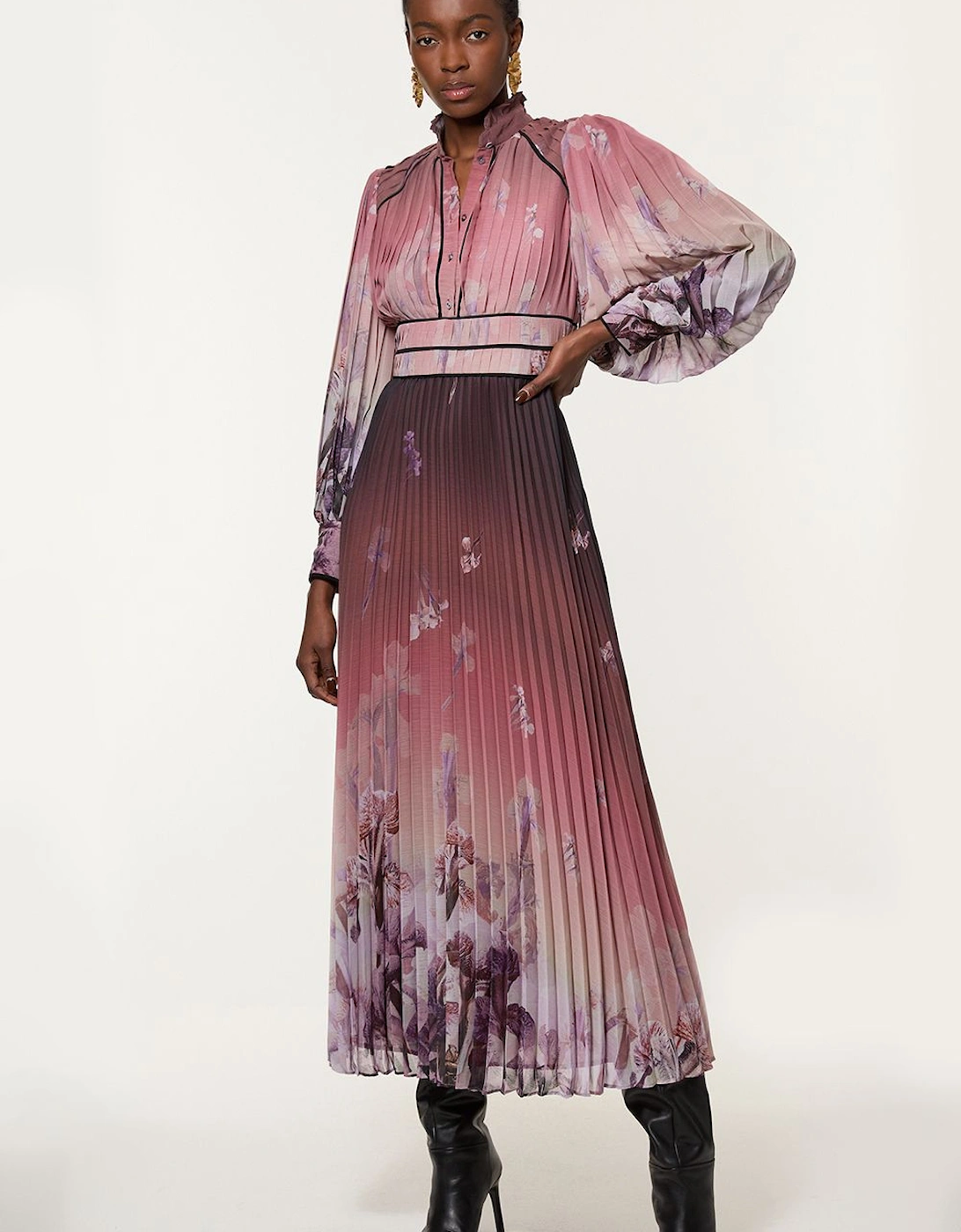 Crinkle Pleat Border Floral Button Front Woven Maxi Dress, 2 of 1