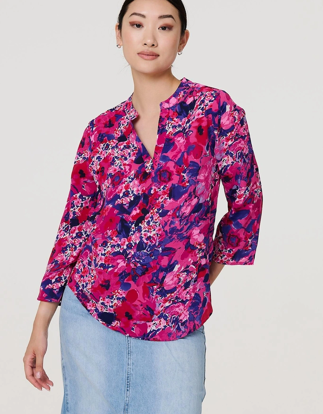 Floral 3/4 Sleeve Collarless Blouse, 2 of 1