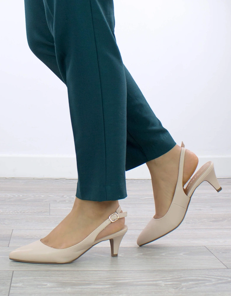 Mid Slim Heel Pointed Toe Slingback 50s Faux Leather Court Shoes