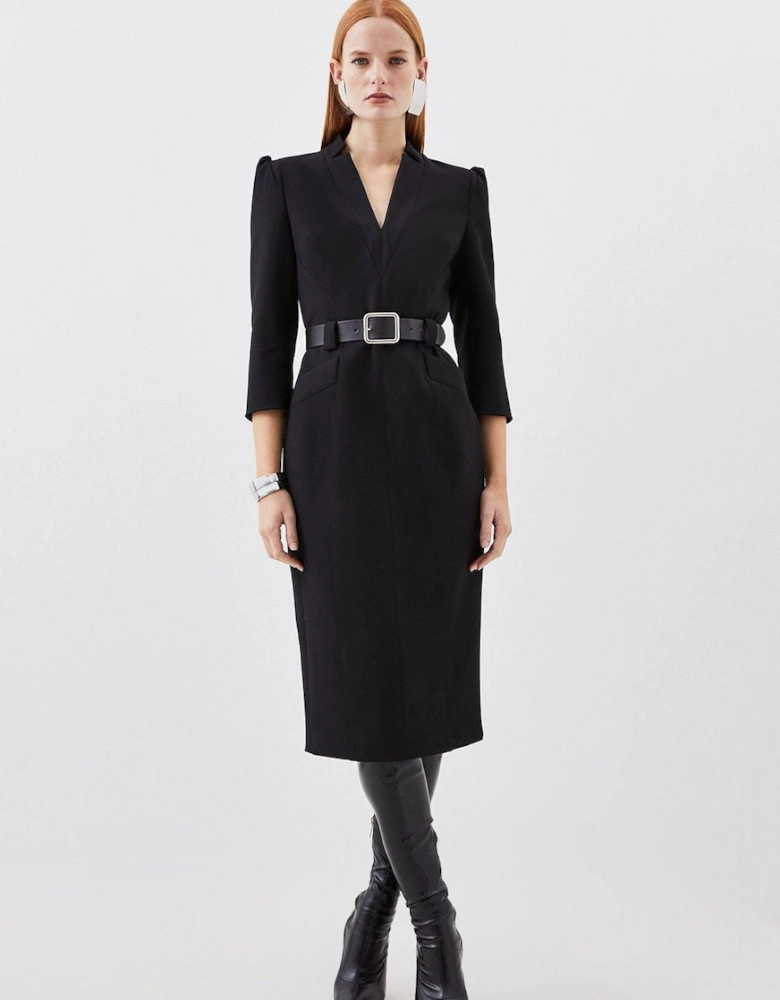 Compact Stretch Tailored Forever Belted Midi Dress