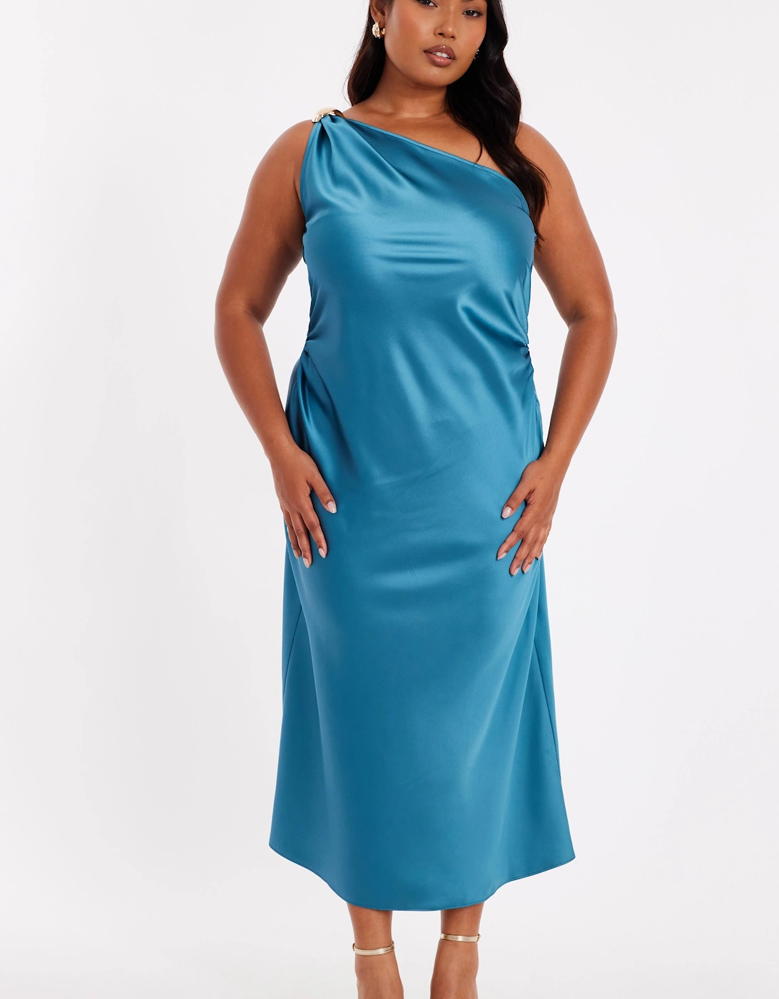 Teal Curve Satin One Shoulder Midaxi Dress, 2 of 1