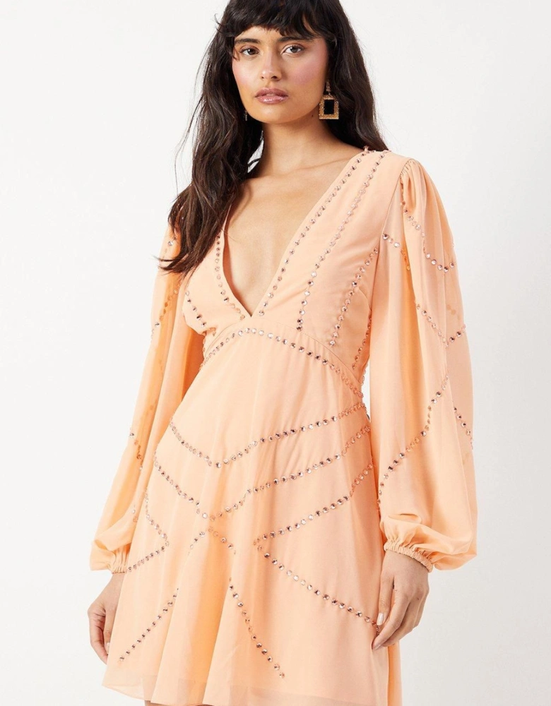 Premium Chiffon Embellished Sequin Plunge Neck Mini Dress