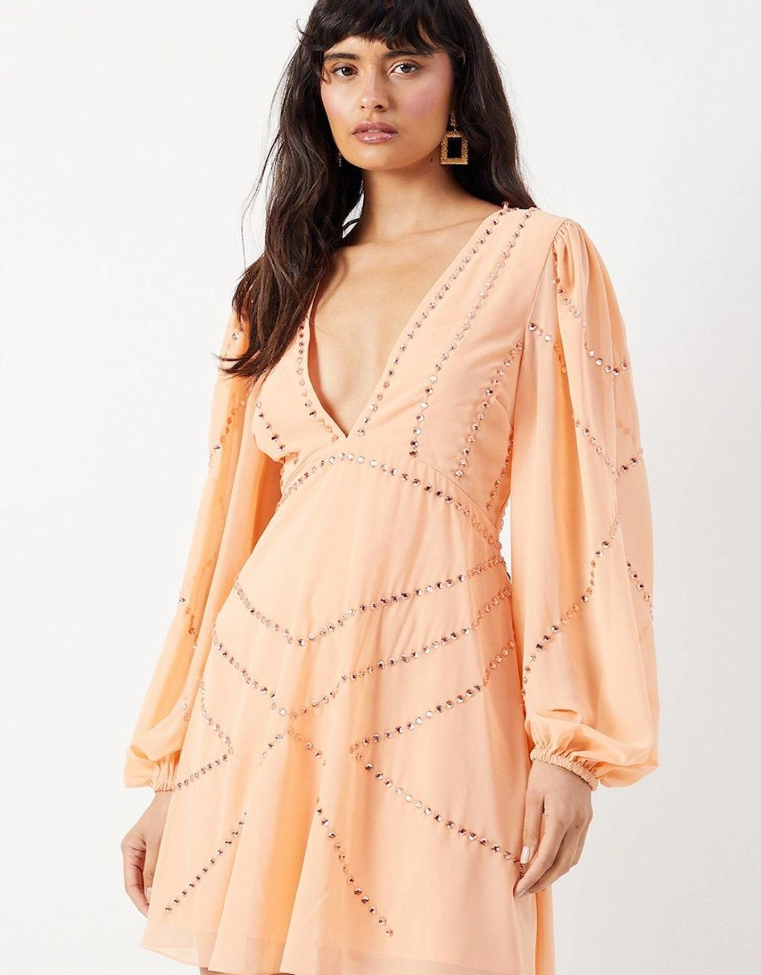 Premium Chiffon Embellished Sequin Plunge Neck Mini Dress, 2 of 1