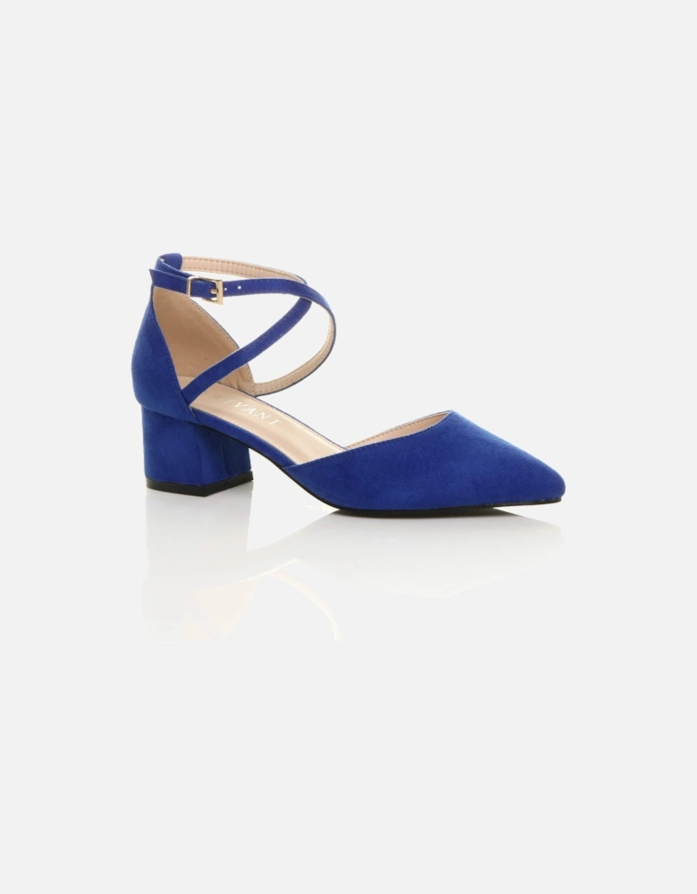 Mid Block Heel Crossed Strap Pointed Toe Faux Suede 2 Part Heels