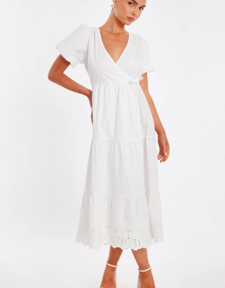 White Embroidered Hem Midaxi Dress