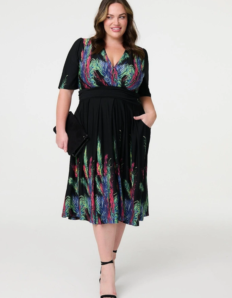 Feather Print Faux Wrap Front Midi Dress