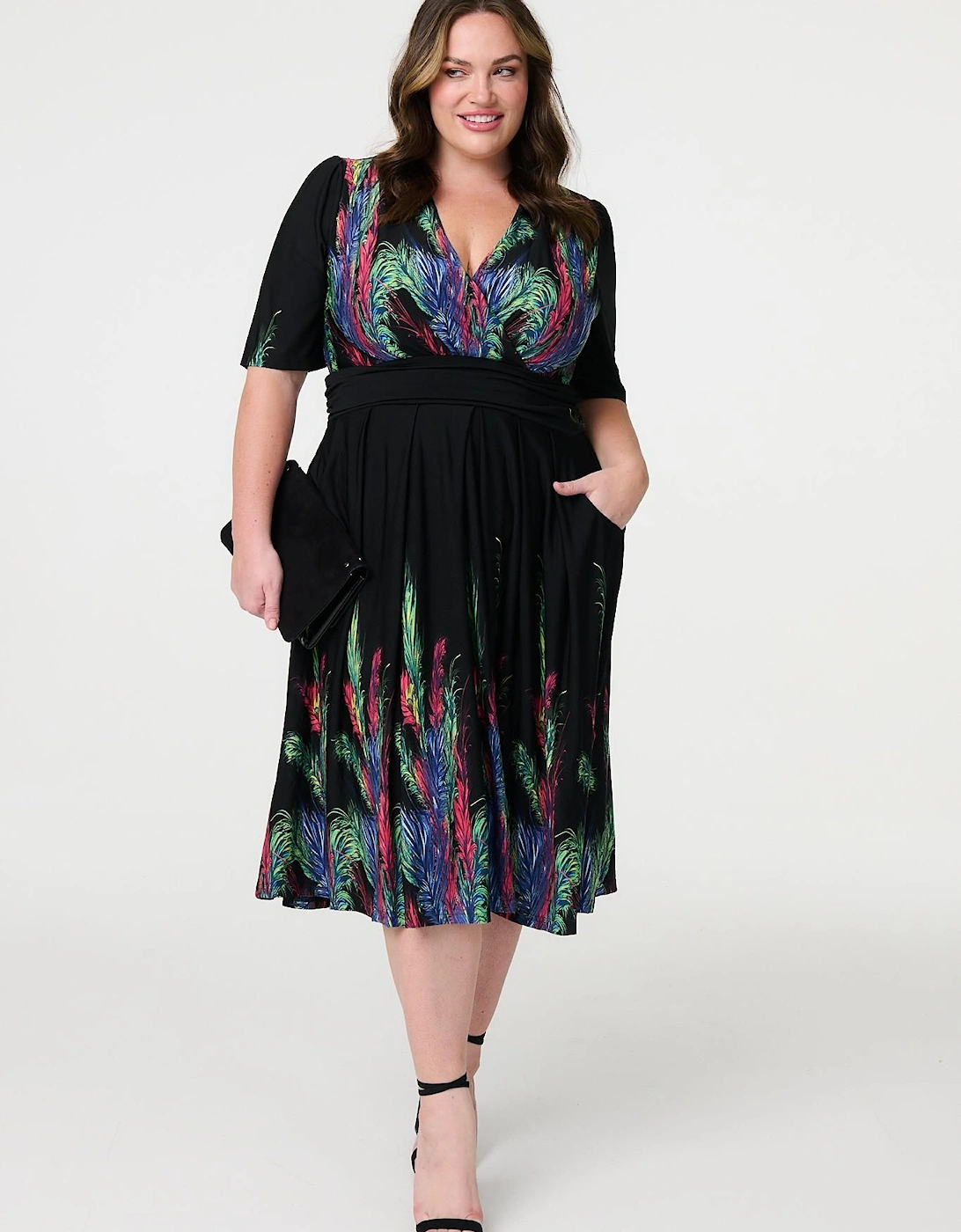 Feather Print Faux Wrap Front Midi Dress, 2 of 1