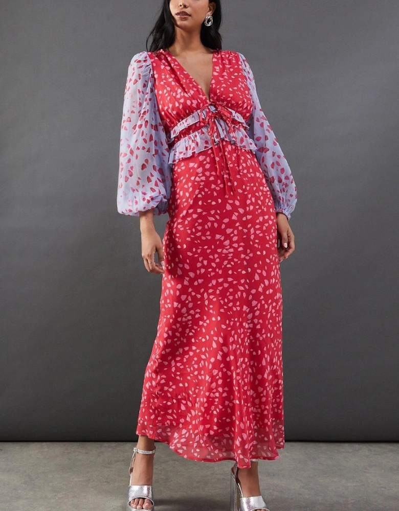 Mixed Chiffon Ruffle Midi Tea Dress