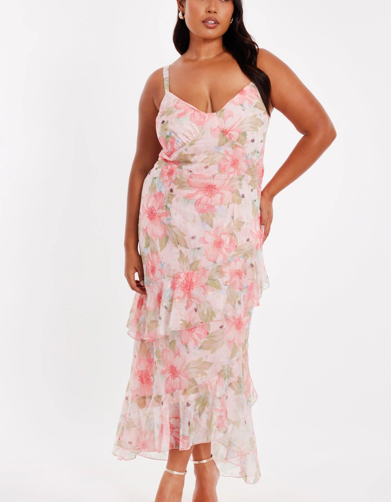 Pink Curve Floral Chiffon Midaxi Dress