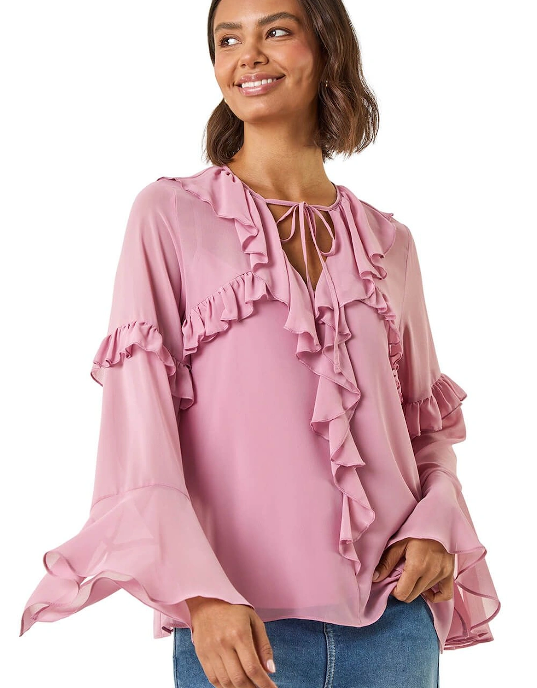 Chiffon Tie Neck Ruffle Tunic Top, 2 of 1