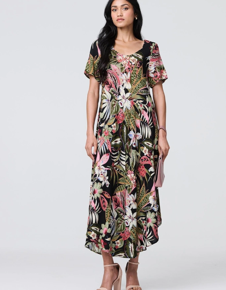 Tropical Print 1/2 Sleeve Maxi Dress