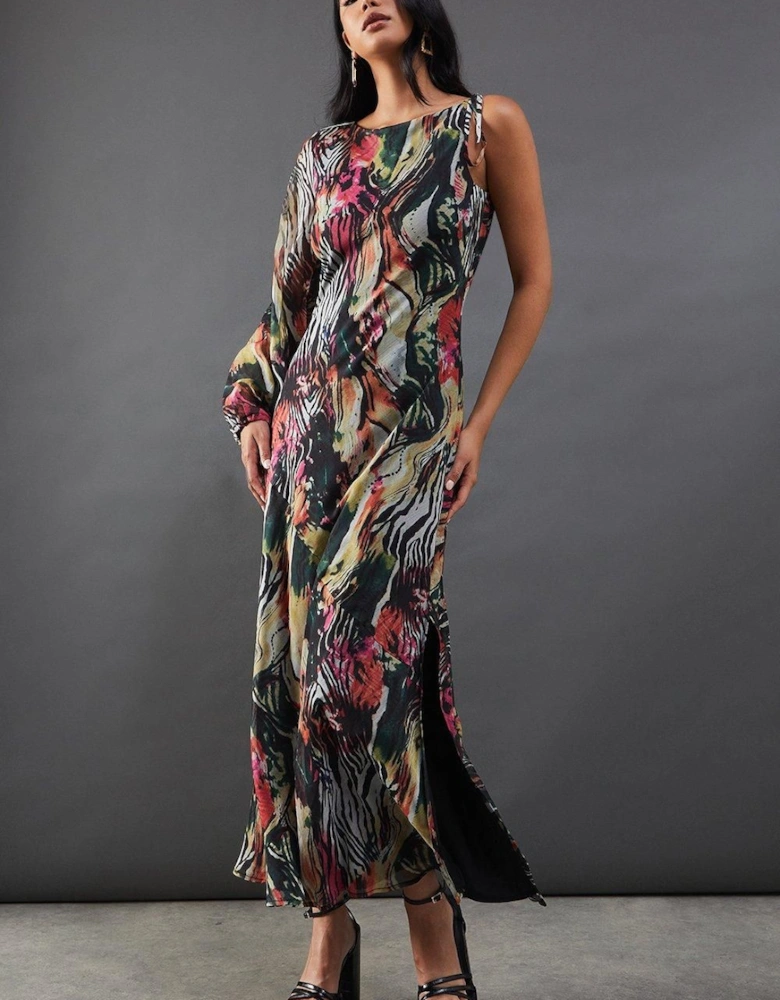 Chiffon Printed One Shoulder Split Front Maxi Dress