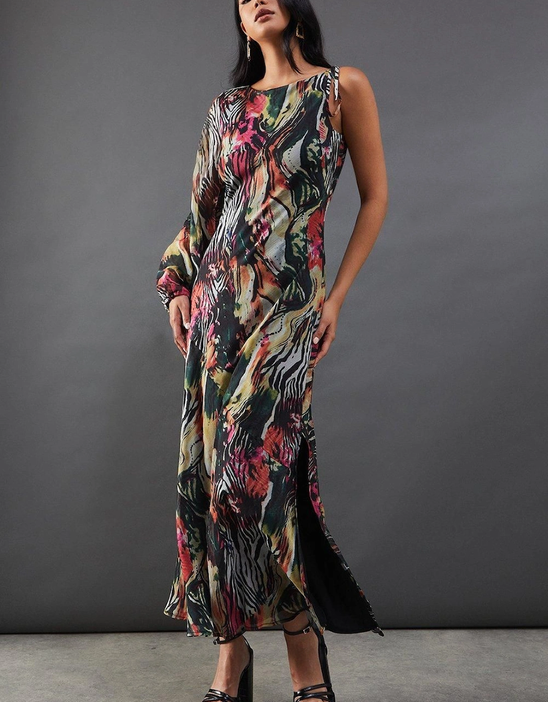 Chiffon Printed One Shoulder Split Front Maxi Dress, 2 of 1