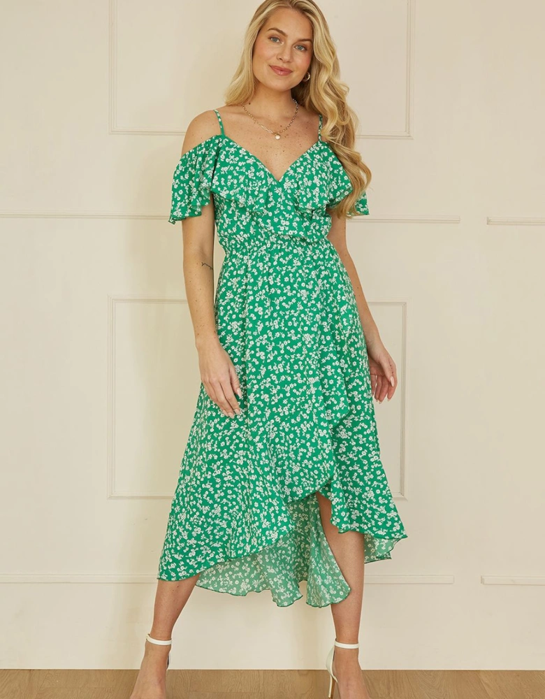 Green Ditsy Print Bardot Midi Dress With Dip Hem