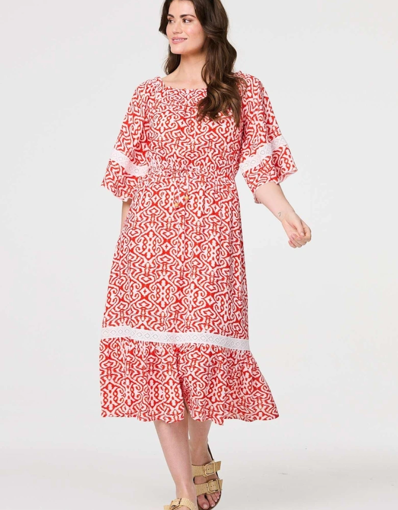 Printed Relaxed Lace Trim Midi Dress