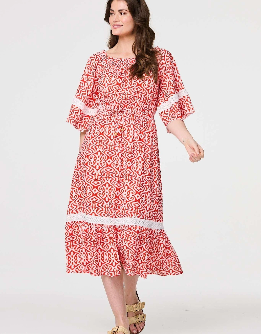 Printed Relaxed Lace Trim Midi Dress, 2 of 1