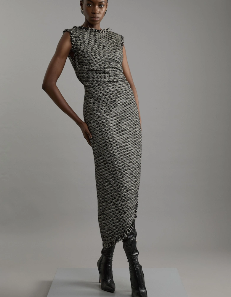 Metallic Boucle Tailored Ruched Midi Dress